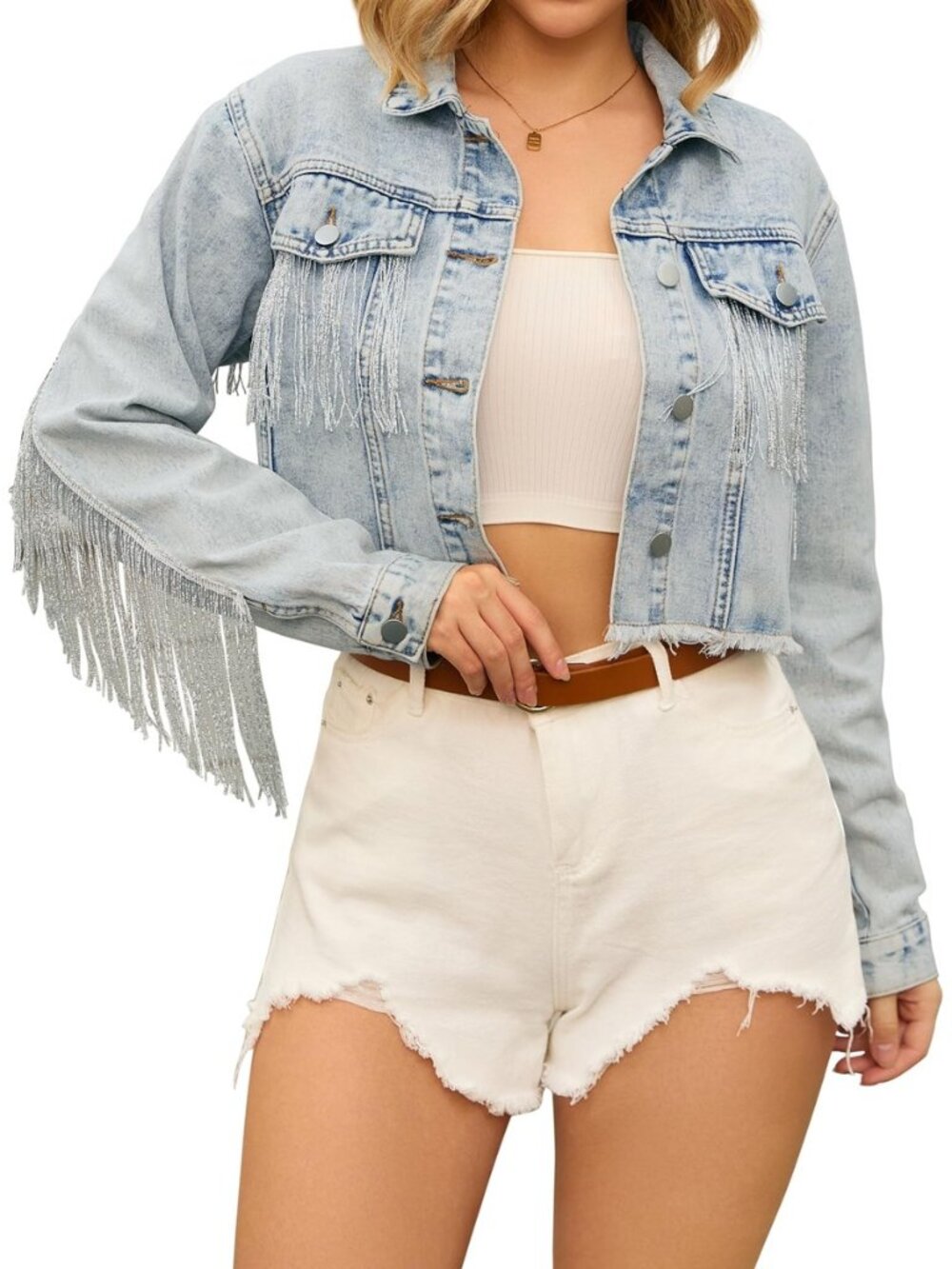 Womens Cropped Jean Jackets Frayed Tassel Fringe Denim Jacket